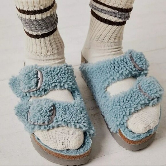 Birkenstock Shoes - NWT Birkenstock Papillio Arizona Big Buckle Teddy Faded Aqua